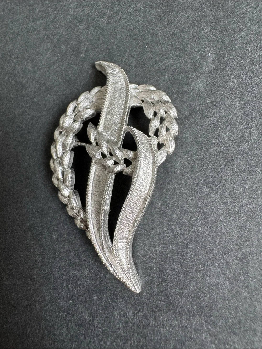 Vintage Trifari Brooch Brushed Silver Pin Wheat Leaf Crest Grandma Jewelry Retro